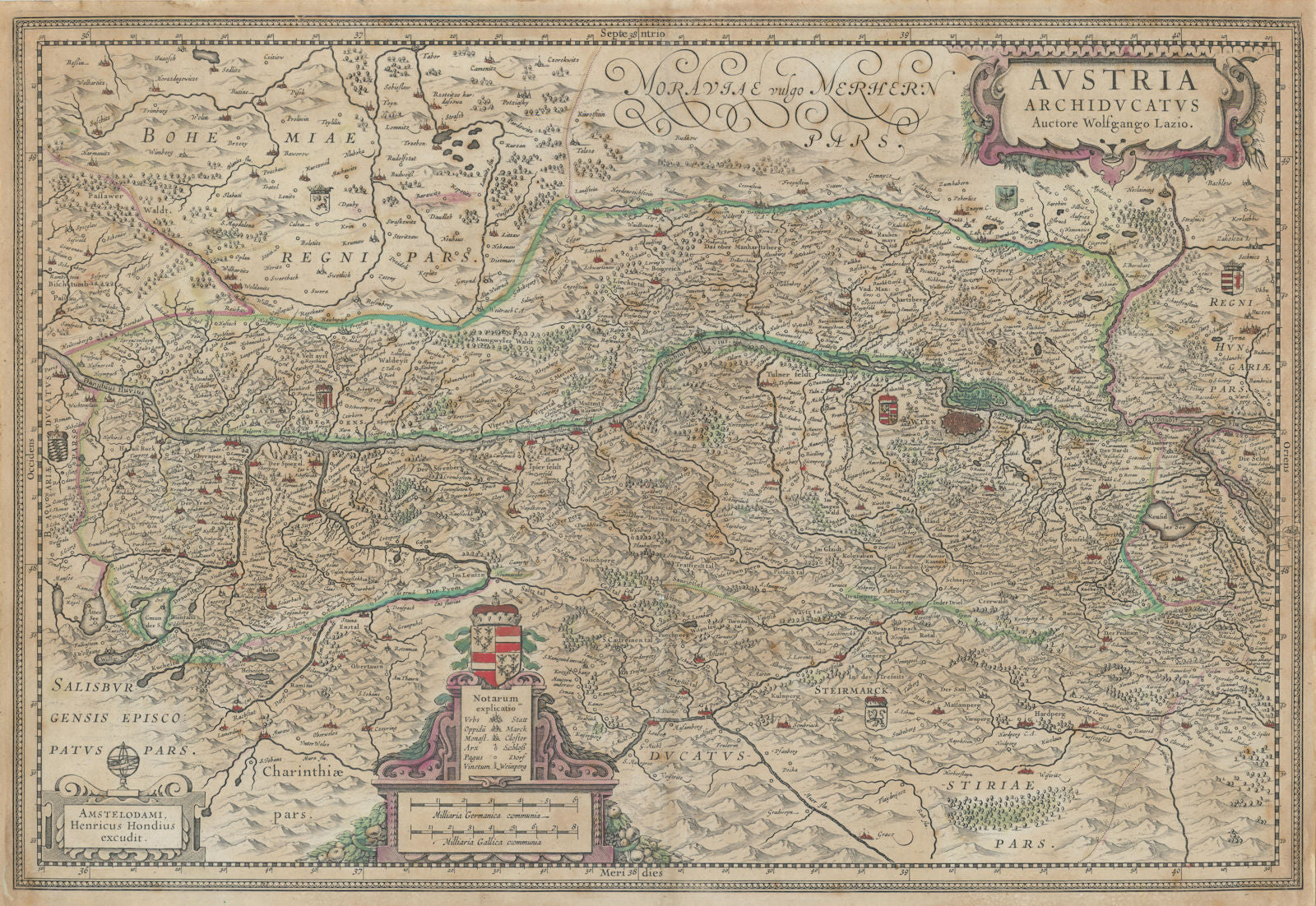 Austria Archiducatus auctore Wolfgango Lazio by Henricus Hondius c1636 old map